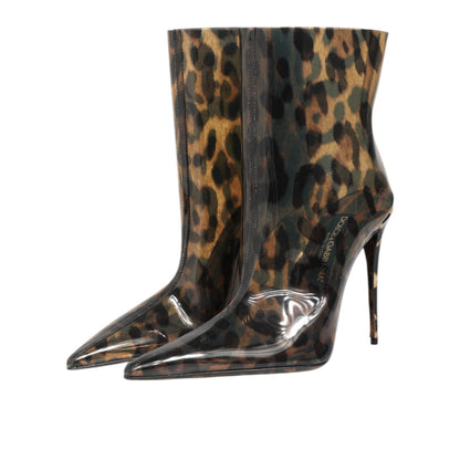 Dolce & Gabbana Leopard Print PVC Pointed Toe Boots Shoes
