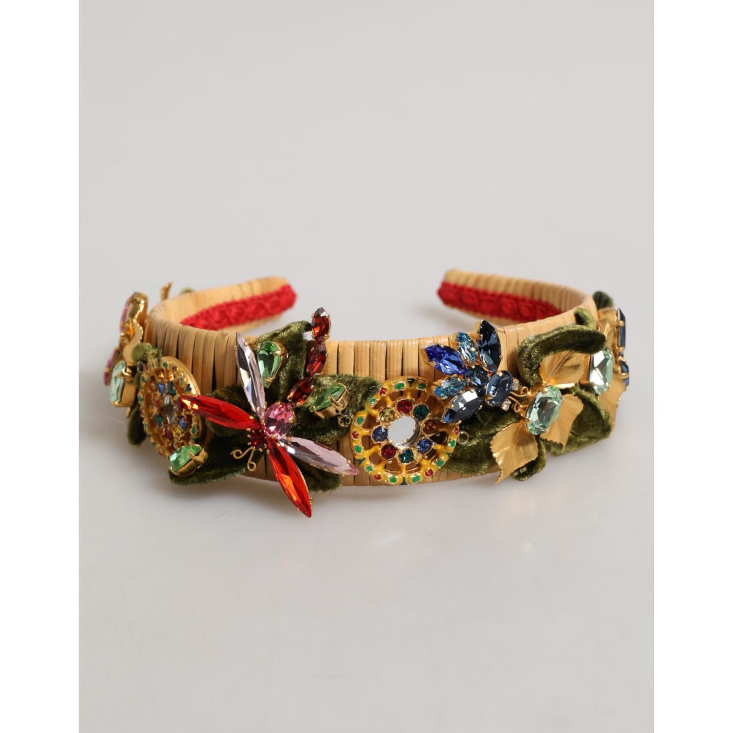 Dolce & Gabbana Multicolor Crystal Floral Gold Green Velvet Crown Headband