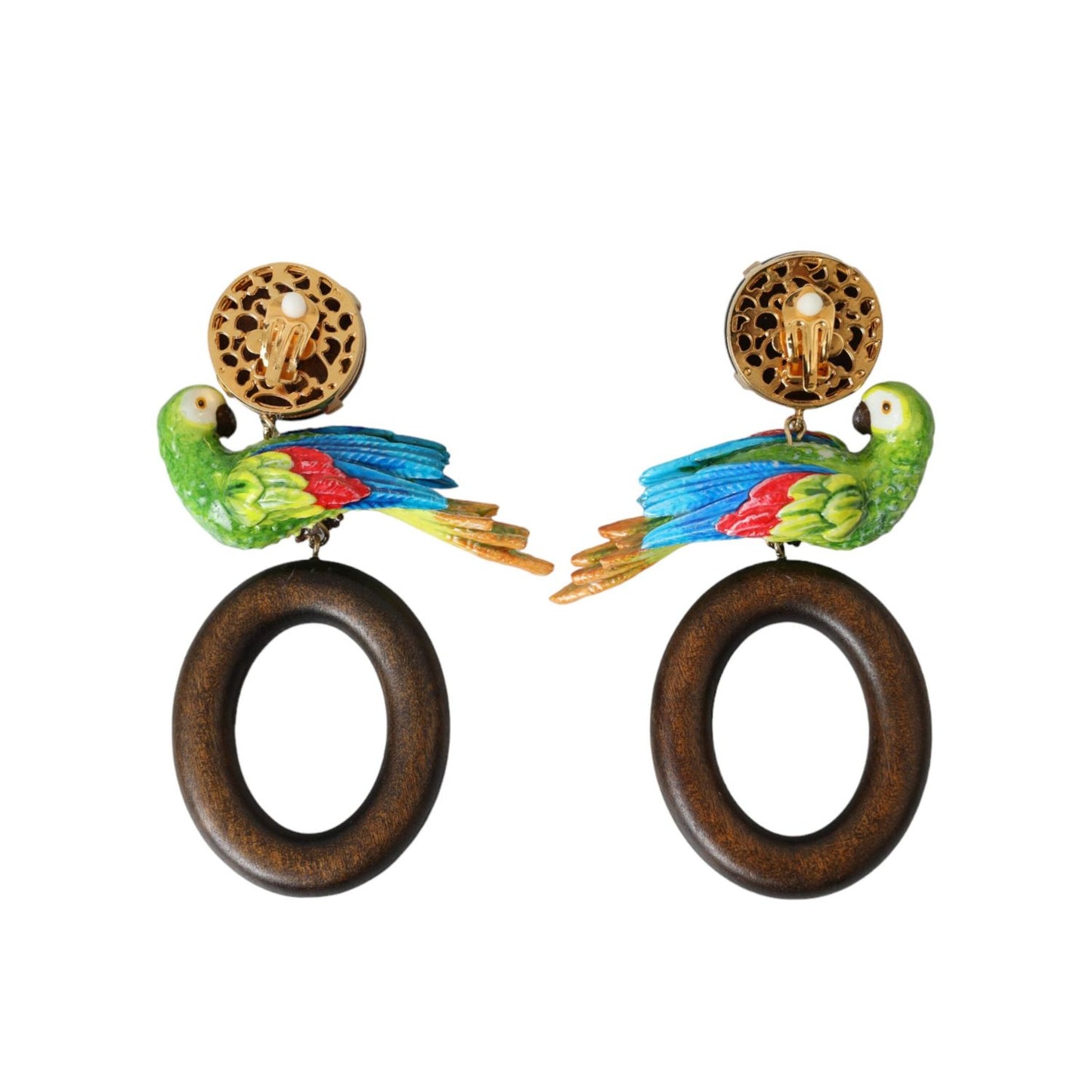 Dolce & Gabbana Multicolor Parrot Wood Brass Crystal Embellished Earrings