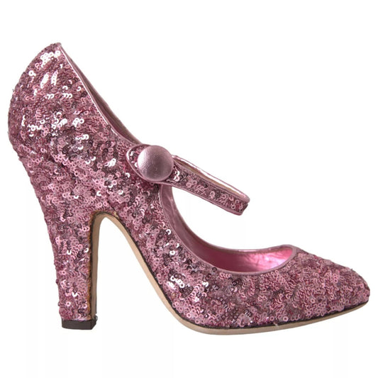 Dolce & Gabbana Pink Sequin Mary Jane Pumps High Heels Shoes with leather sole and logo detail