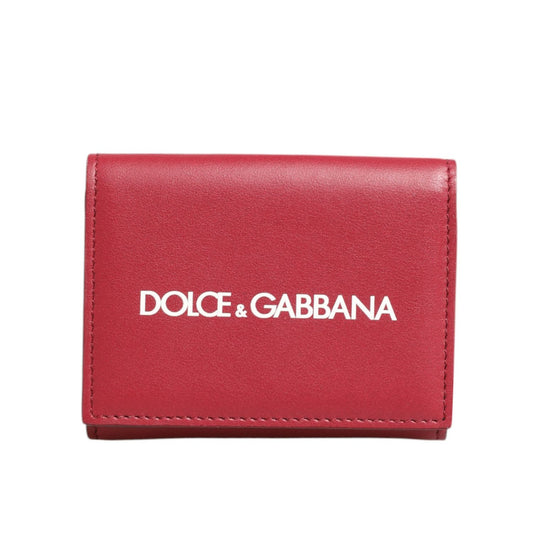 Dolce & Gabbana Red Leather Bold Logo Print Trifold Card Holder Wallet, compact and stylish, with white logo on a vivid red background.