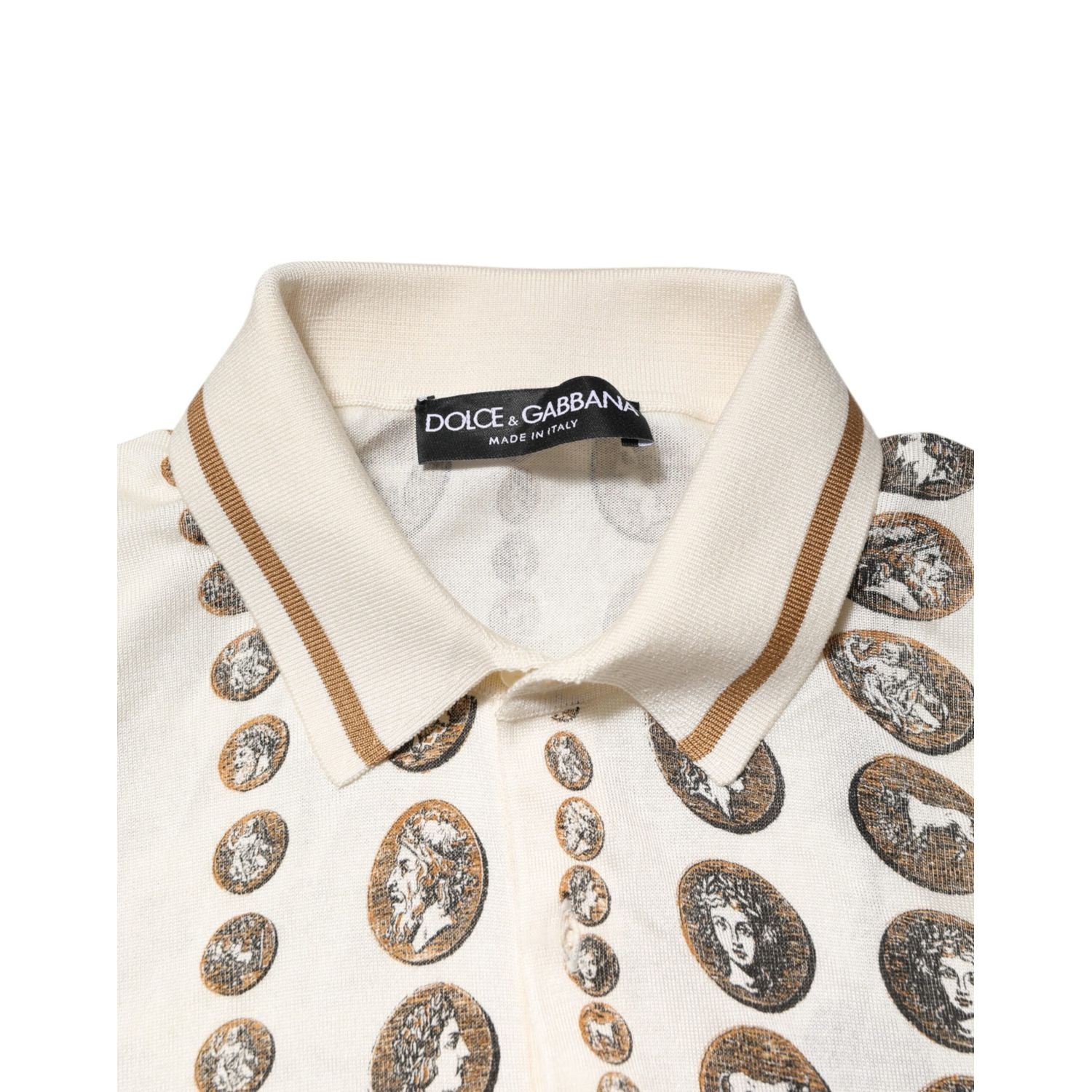Dolce & Gabbana Silk Ivory Coin Print Logo Men Polo T-shirt