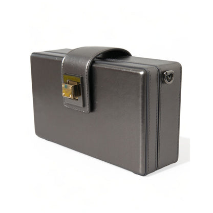 Dolce & Gabbana Steel Gray Leather Box Shape Shoulder Gold DG Logo Plaque Bag