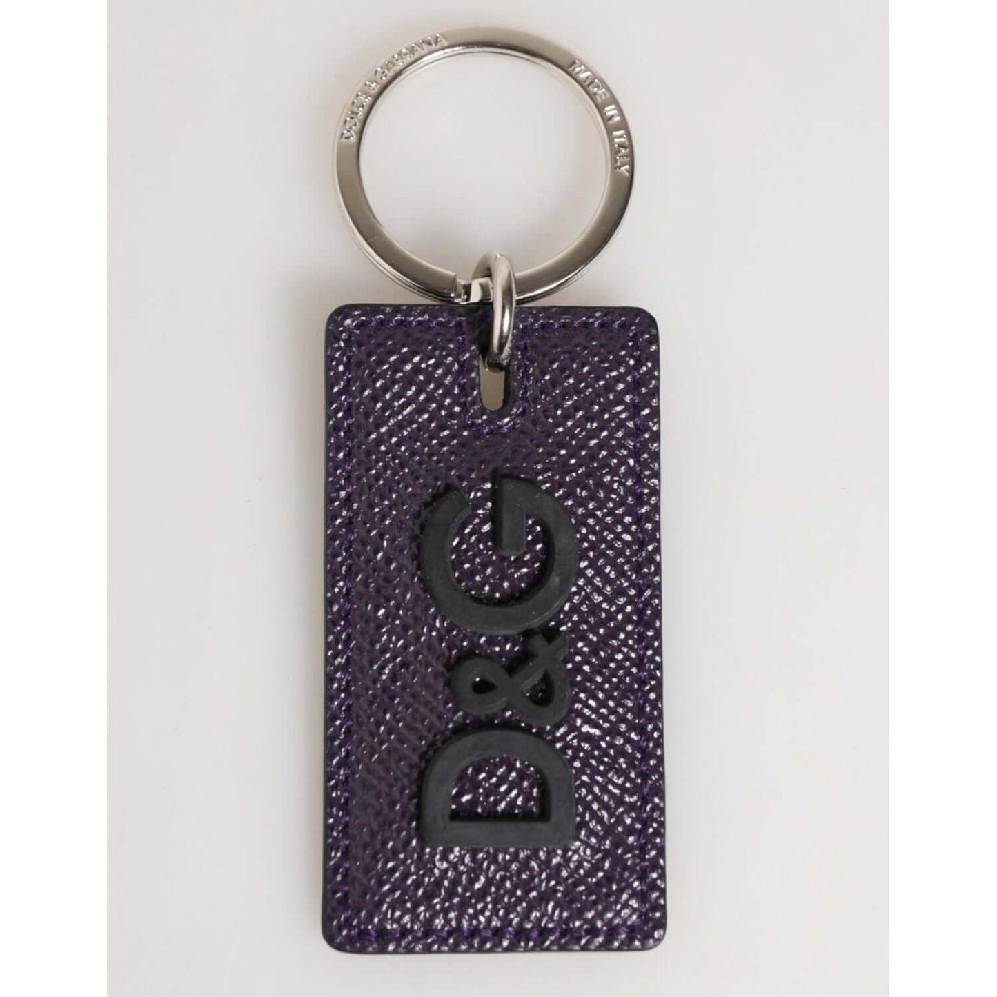 Dolce & Gabbana Violet Leather Logo Metal Ring Men Keychain Keyring with sleek silver ring and logo-engraved purple leather tag.