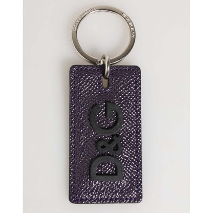 Dolce & Gabbana Violet Leather Logo Metal Ring Men Keychain Keyring with sleek silver ring and logo-engraved purple leather tag.