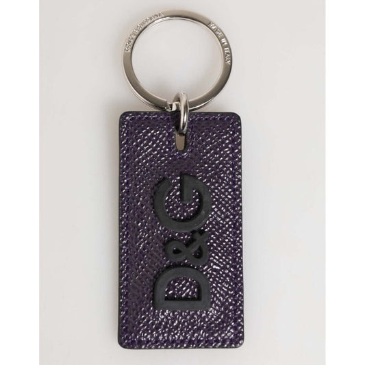 Dolce & Gabbana Violet Leather Logo Metal Ring Men Keychain Keyring with sleek silver ring and logo-engraved purple leather tag.