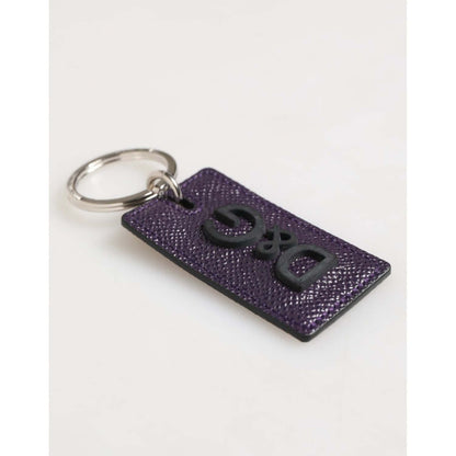 Dolce & Gabbana Violet Leather Logo Metal Ring Men Keychain Keyring with engraved logo on violet calf leather, silver accents.