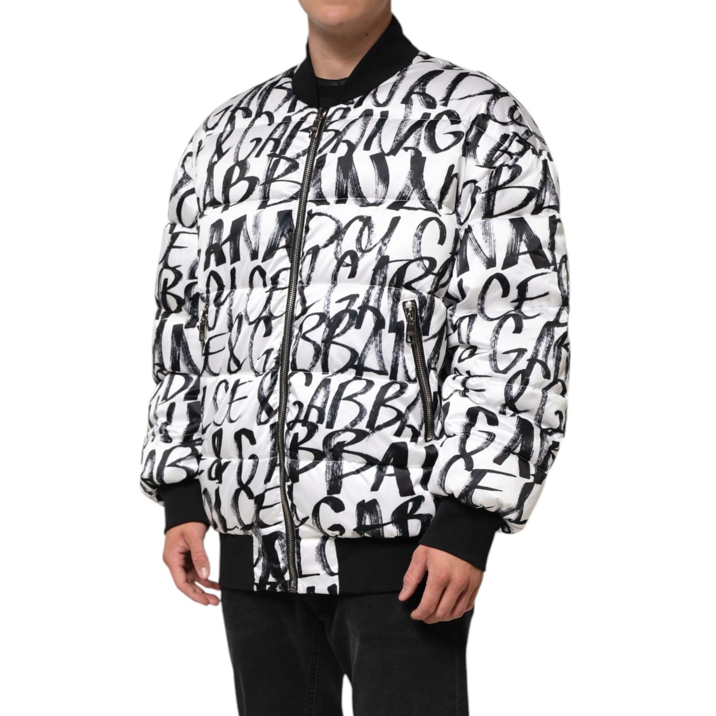 Dolce & Gabbana White Black Graffiti Logo Puffer Bomber Jacket