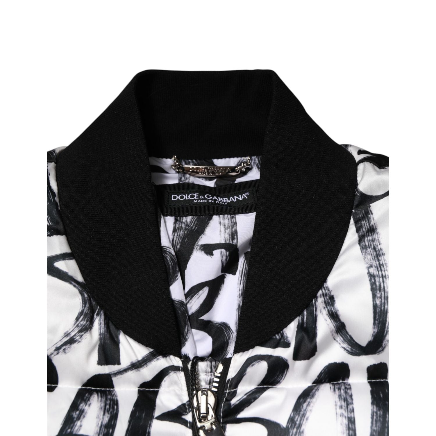 Dolce & Gabbana White Black Graffiti Logo Puffer Bomber Jacket