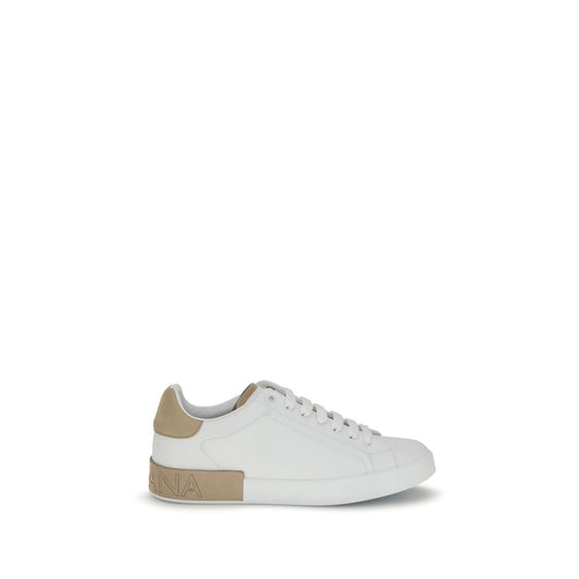 Dolce & Gabbana White Calf Leather Bos Taurus Low Top Sneakers with logo accent, lace-up design, flat sole, perfect for AW25 fashion.