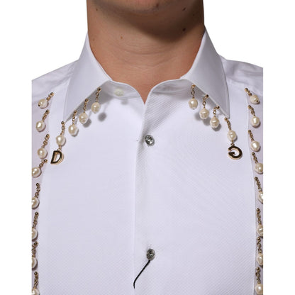 Dolce & Gabbana White Cotton DG Logo Pearl GOLD Formal Shirt