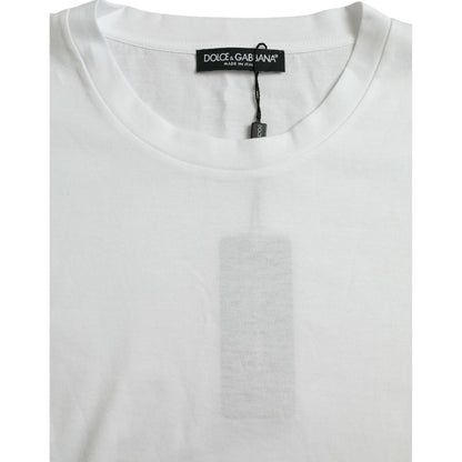 Dolce & Gabbana White Cotton Short Sleeves Crewneck T-shirt with tag, made in Italy, close-up showing label and crew neck design.