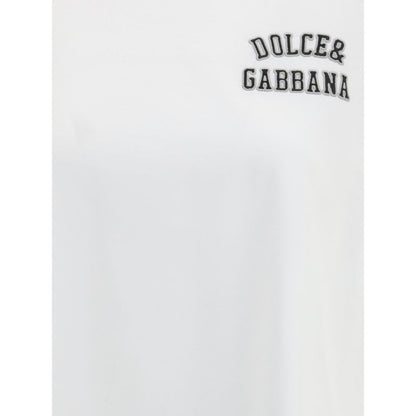 Dolce & Gabbana White Cotton T-Shirt with ribbed crew neck and chest patch logo, perfect for casual, stylish looks, 100% cotton.