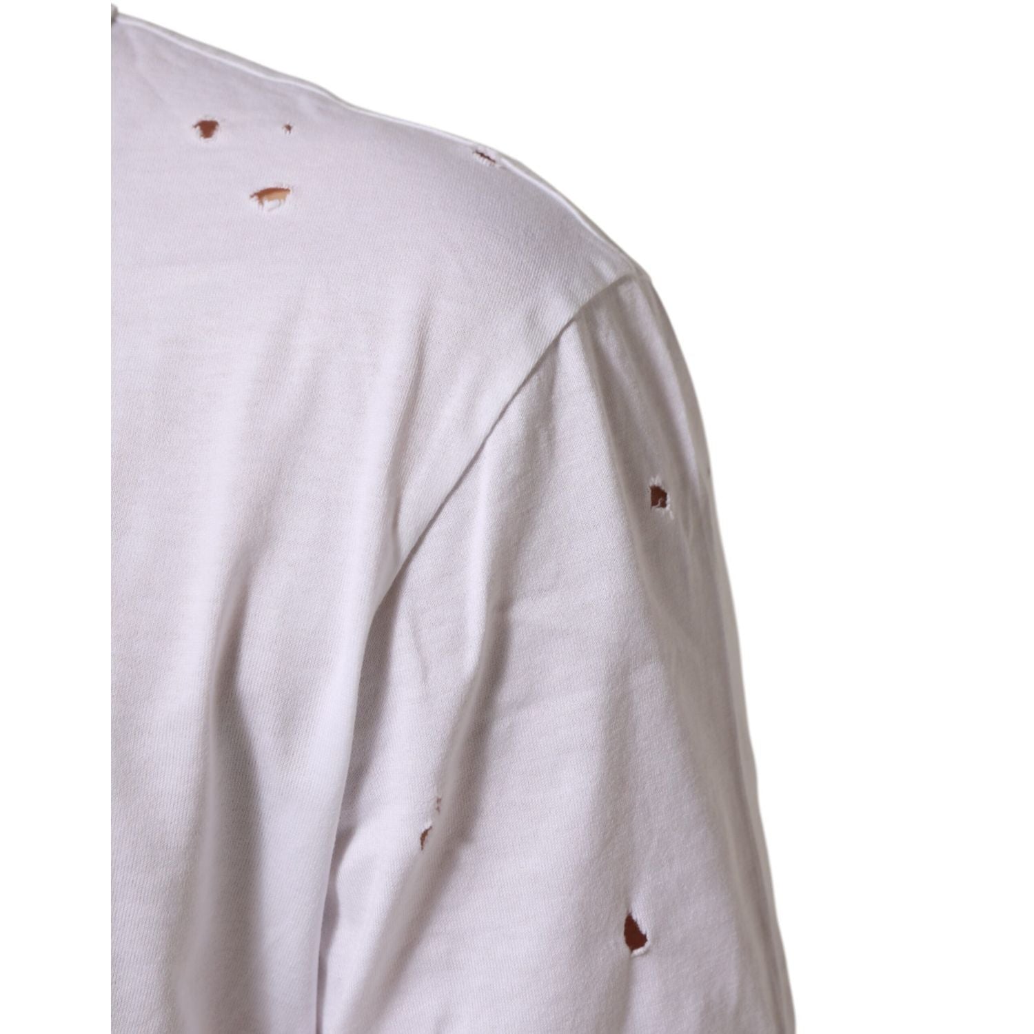 Dolce & Gabbana White Distressed Cotton V Neck Men T-shirt