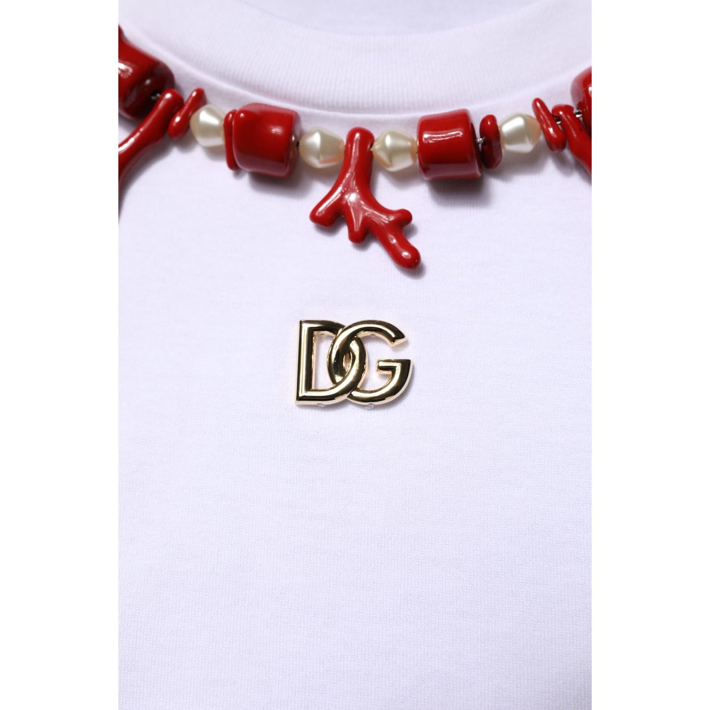 Dolce & Gabbana White Embellished Cotton Crew Neck T-shirt with logo detail, featuring red and gold embellishments on neckline.