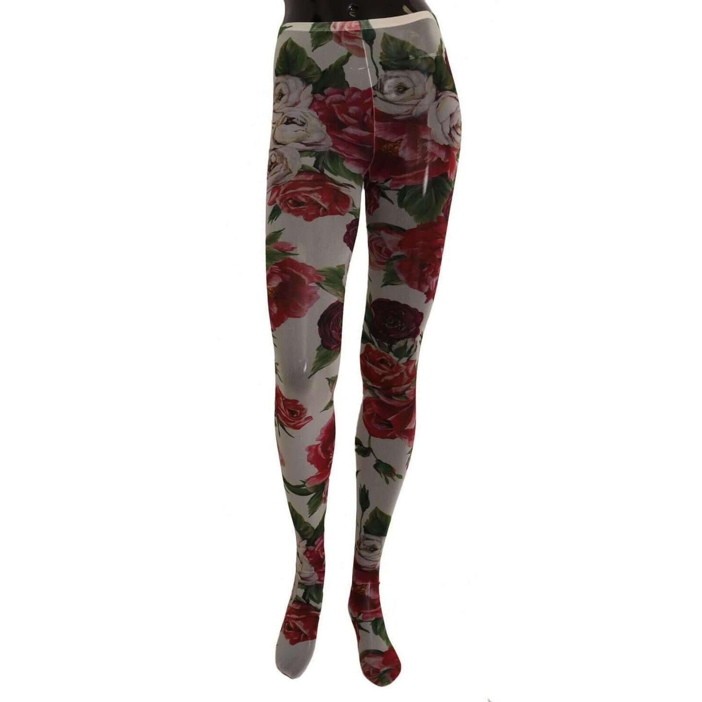 Dolce & Gabbana White Floral Print Tights Nylon Stockings with colorful flower pattern.