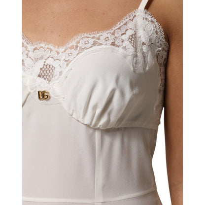 Dolce & Gabbana White Lace Gold DG Logo Silk Dress Sleepwear