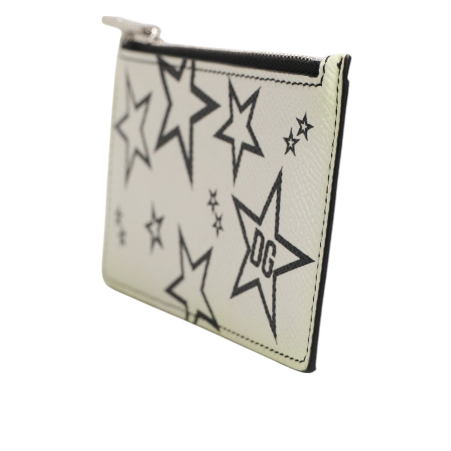 Dolce & Gabbana White Leather Douphin DG Logo Star Print Card Holder Wallet