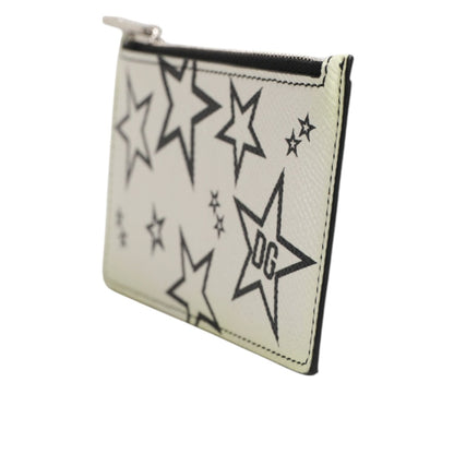 Dolce & Gabbana White Leather Douphin DG Logo Star Print Card Holder Wallet
