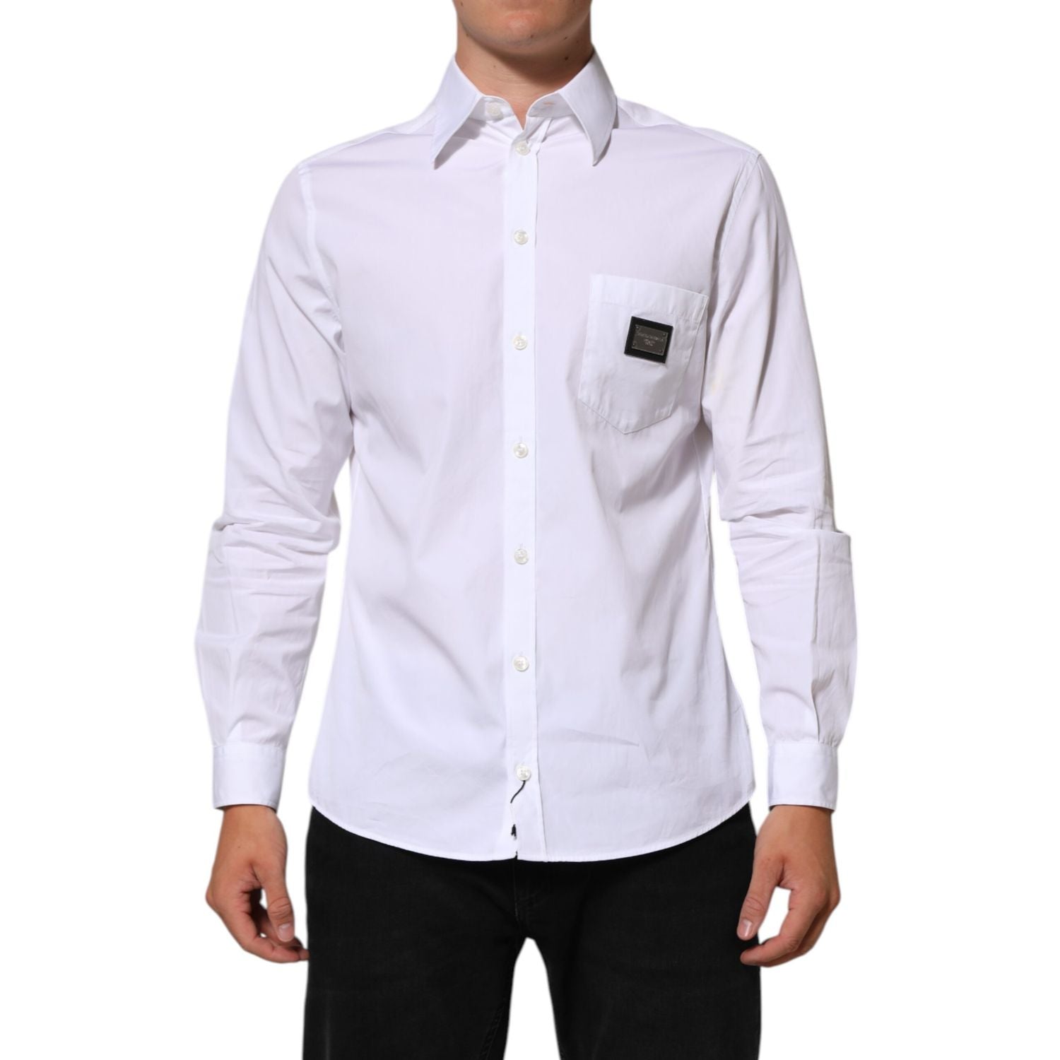 Dolce & Gabbana White Logo Plaque Collared Formal Dress  Shirt