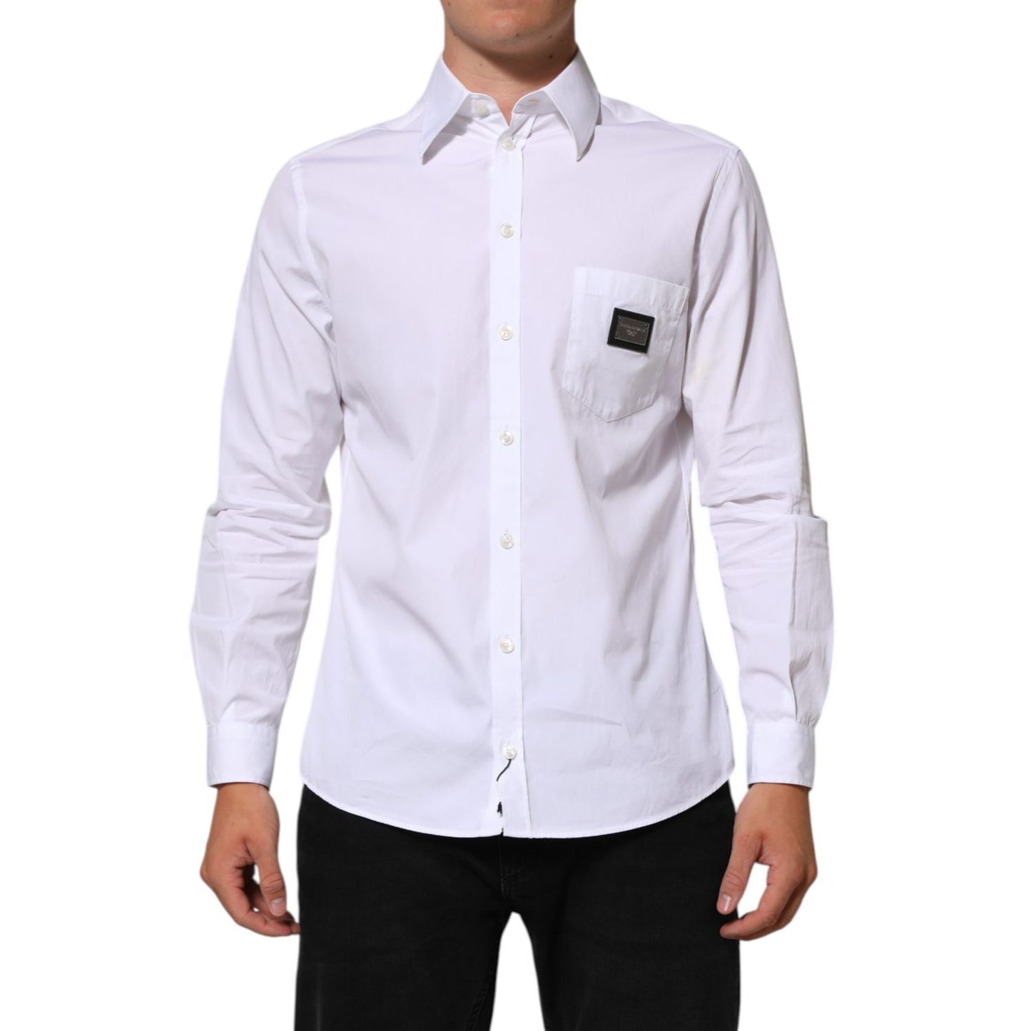 Dolce & Gabbana White Logo Plaque Collared Formal Dress Shirt