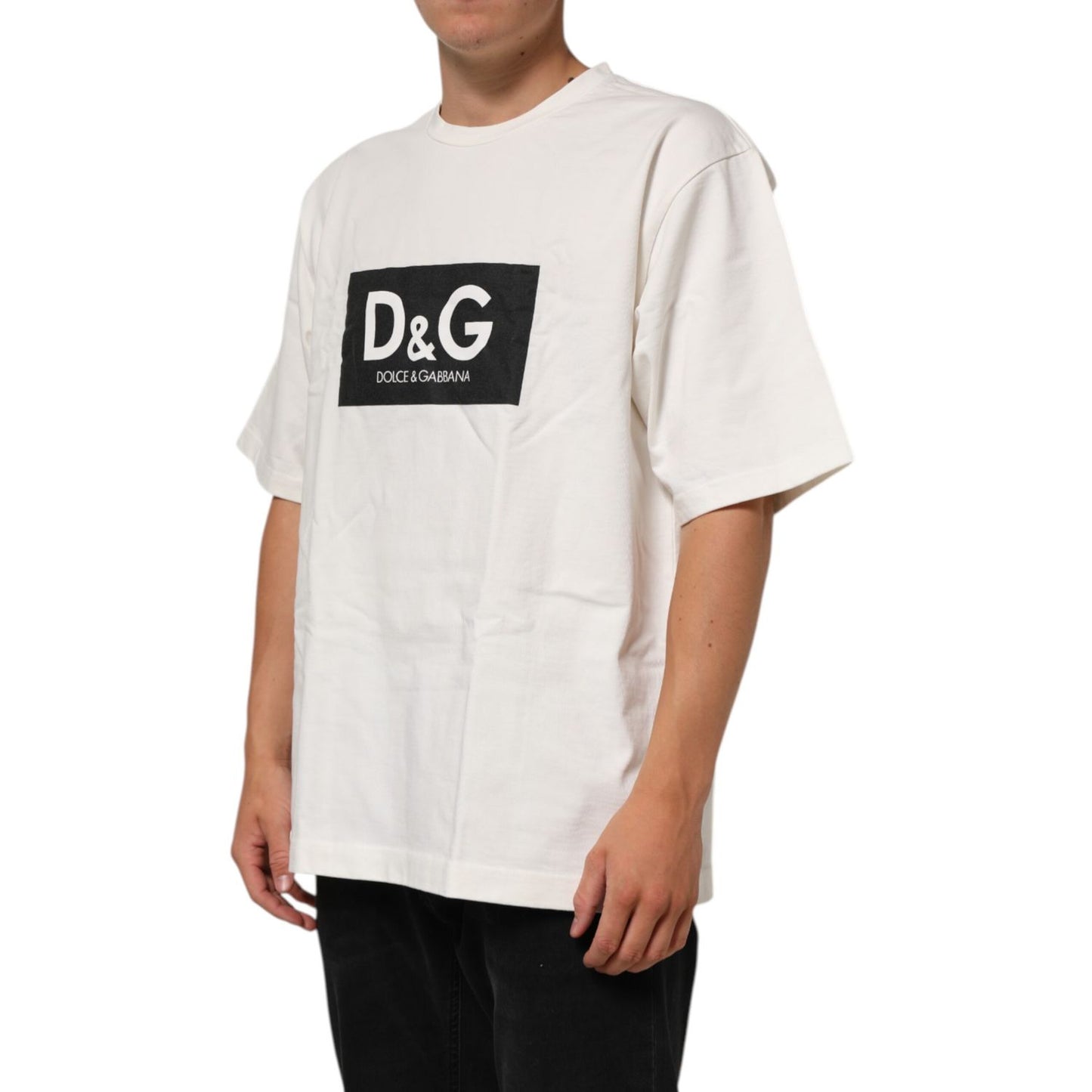 Dolce & Gabbana White Logo Print Cotton Crew Neck Men T-shirt