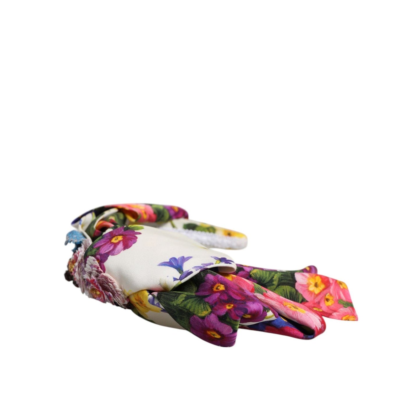 Dolce & Gabbana White Multicolor Floral Silk Bow Crystal Embellished Headband