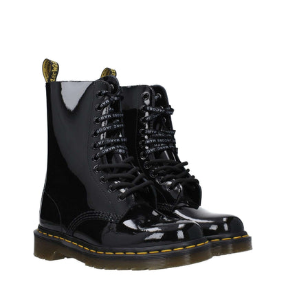 Dr. Martens Black Leather Ankle Boots with patent finish, lace-up closure, round toe, and rubber sole, style D1490MJ25005001.