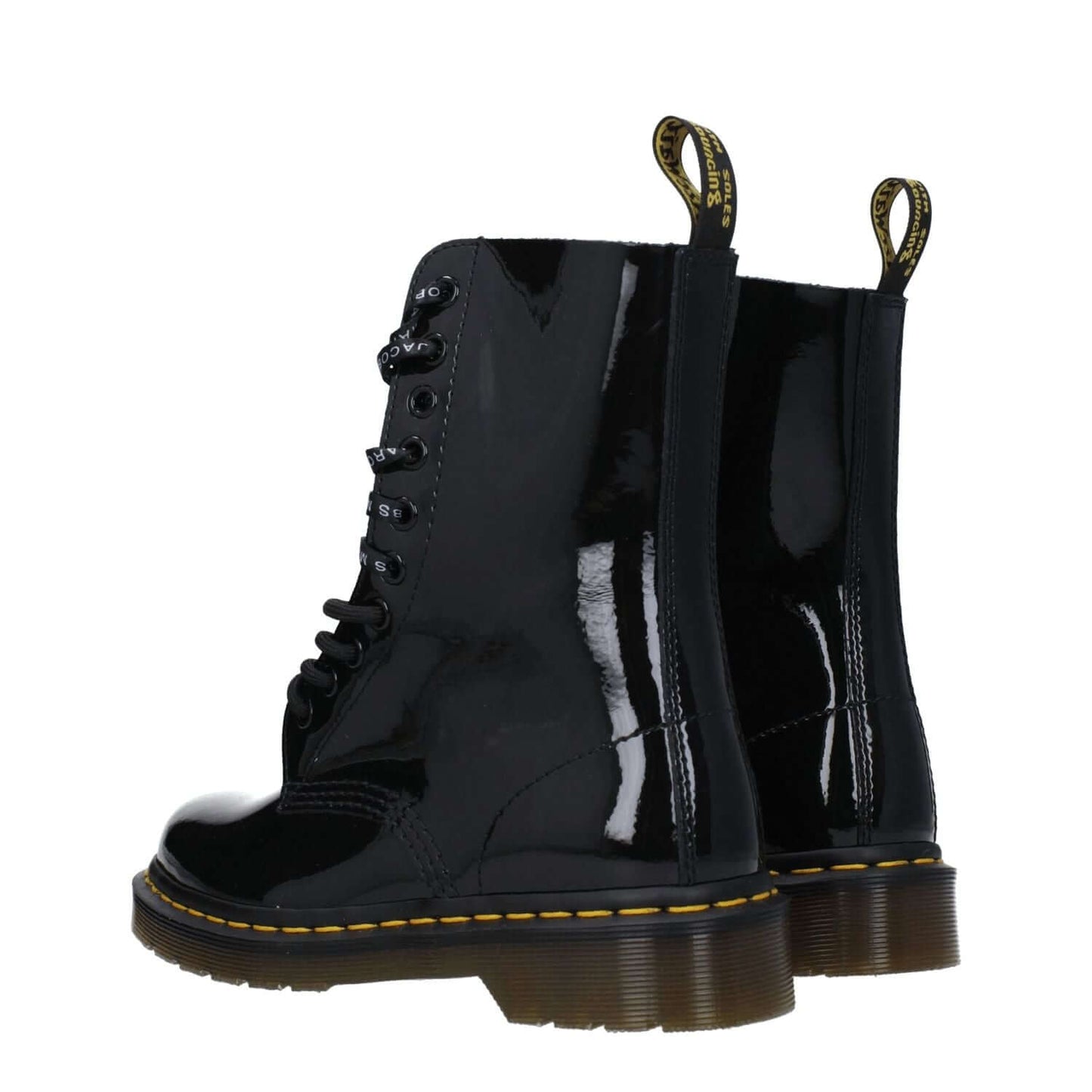 Dr. Martens Black Leather Ankle Boots with patent finish, lace-up closure, rubber sole, and round toe, style code F78540, side view.
