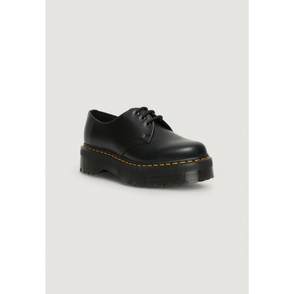 Dr. Martens Black Leather Lace-Up Boots with thick flat sole and classic design for style and comfort in any occasion.
