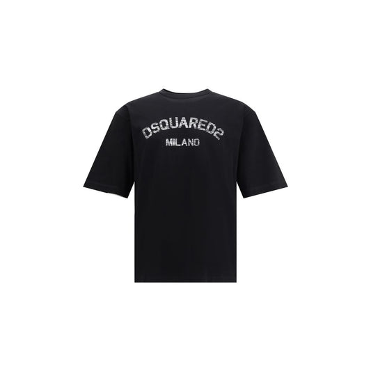 Alt Tag: Dsquared² Black Cotton T-Shirt with ribbed crew neck and iconic monogram, showcasing urban contemporary style and strong visual impact.