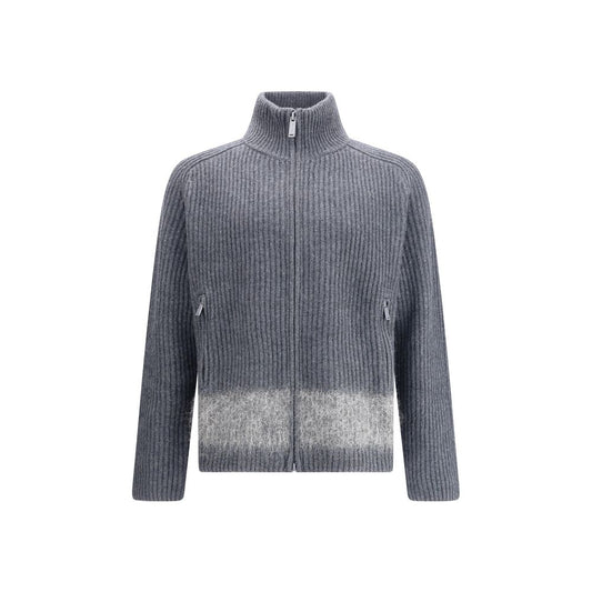 Dsquared² Gray Wool Cardigan with ribbed knit, high collar, double-slider zipper, and mohair band accent for a sporty, refined look.