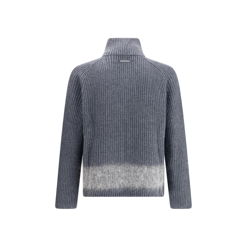 Back view of Dsquared² Gray Wool Cardigan featuring ribbed knit and mohair band detail.