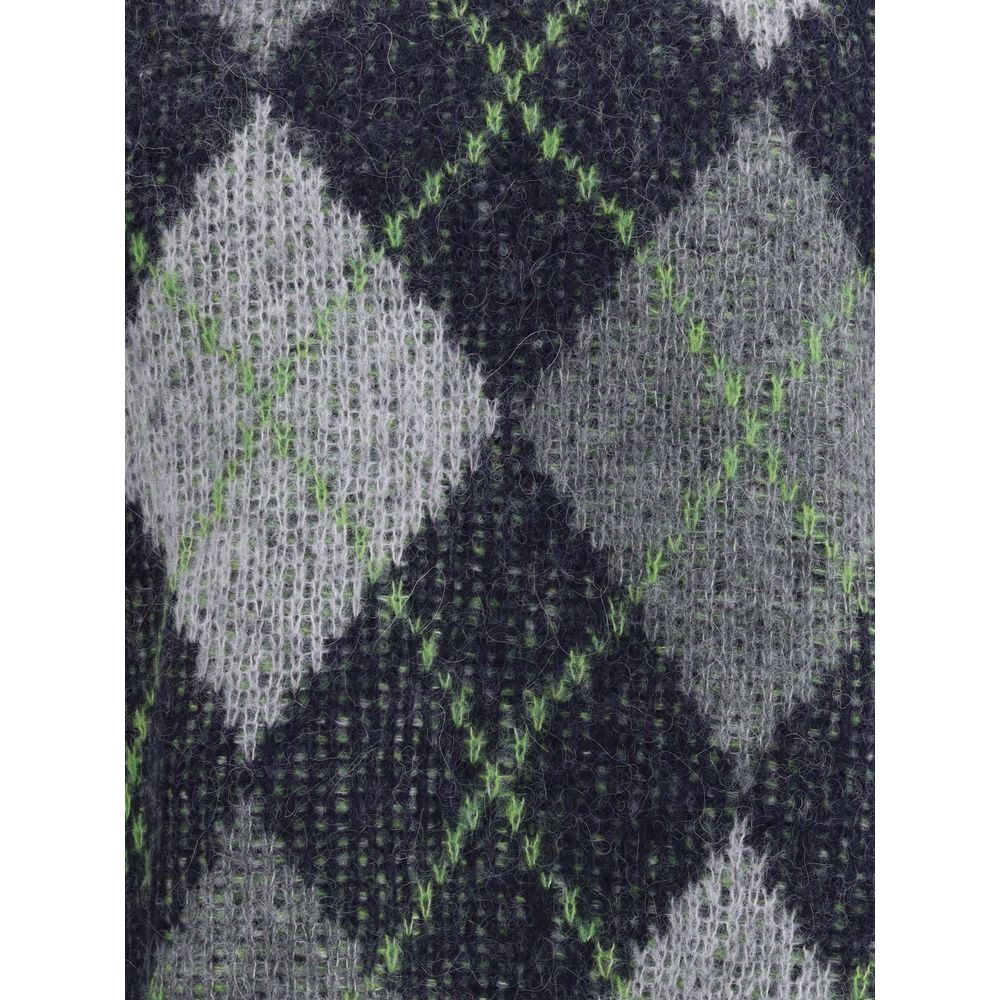 Close-up of knit pattern on Emporio Armani Gray Polyamide Sweatshirt featuring rhombus design with green and gray accents.