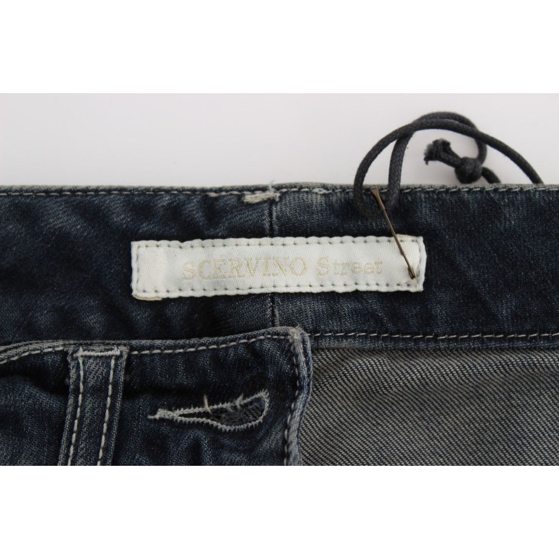 Ermanno Scervino Blue Cotton Blend Slim Fit Jeans waistband close-up with label and tag details.