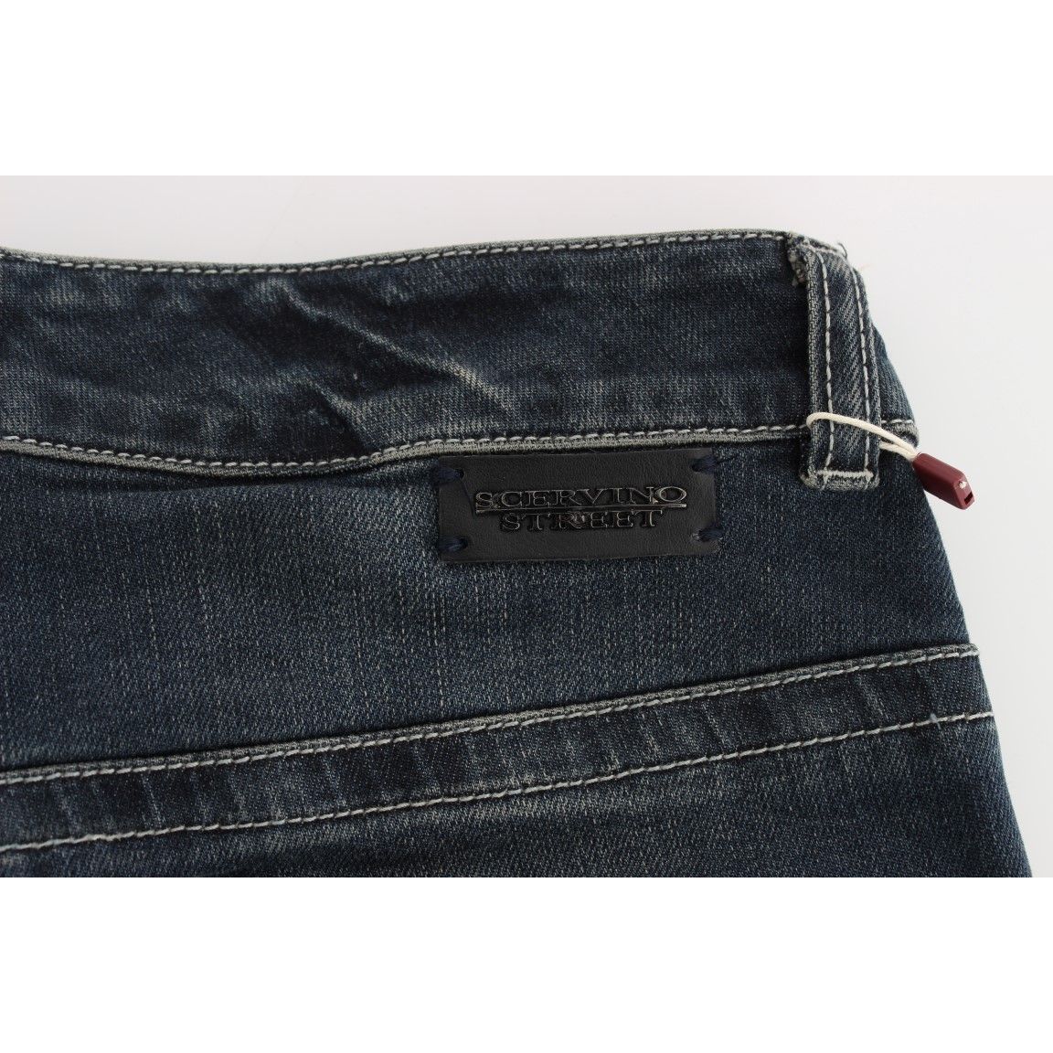 Ermanno Scervino Blue Cotton Blend Slim Fit Jeans with brand label, close-up view of luxury Italian denim.
