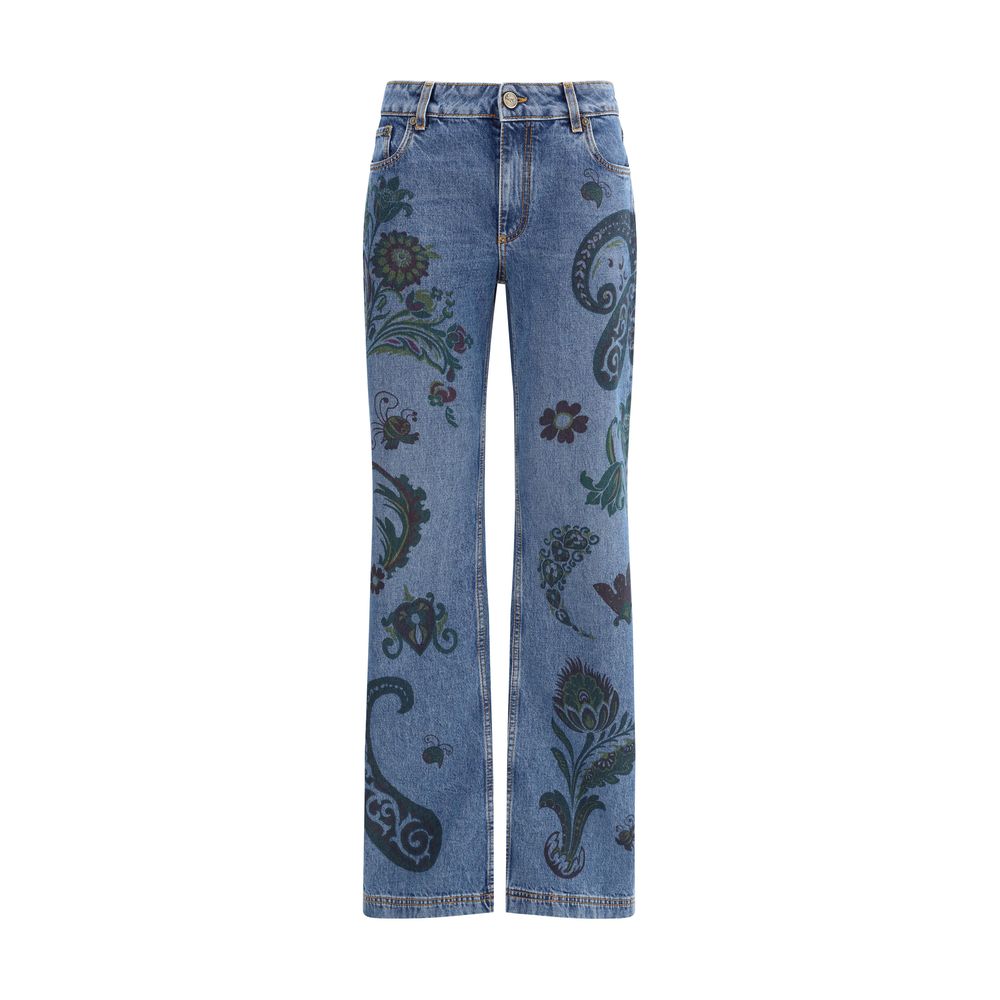 Etro Blue Cotton Flared Jeans with floral and bee print, paisley motifs, fitted hips, and flared bottoms, featuring a distinctive metal button.
