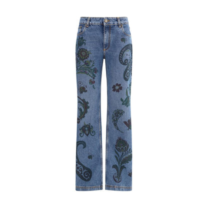 Etro Blue Cotton Flared Jeans with floral and bee print, paisley motifs, fitted hips, and flared bottoms, featuring a distinctive metal button.