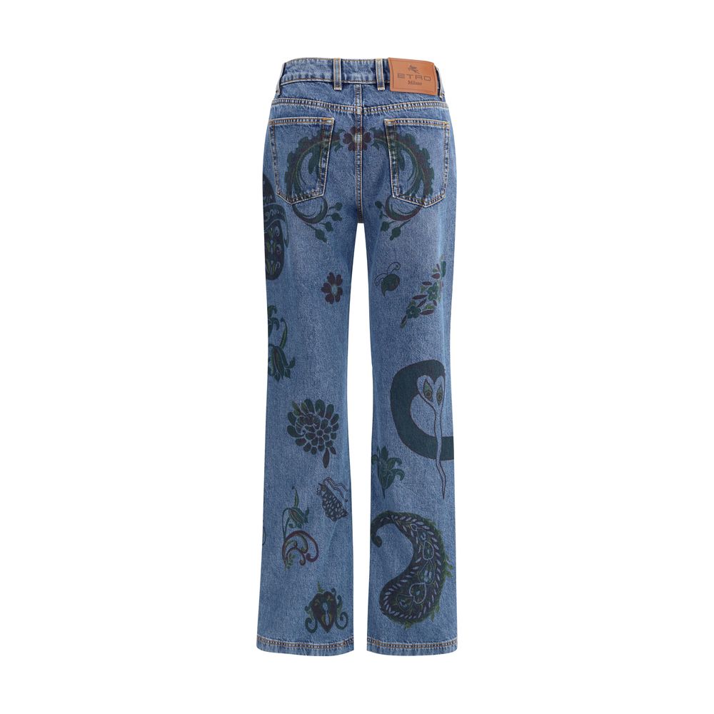 Etro Blue Cotton Flared Jeans with flower and bee print, featuring Paisley motifs and embossed Pegasus logo, back view.