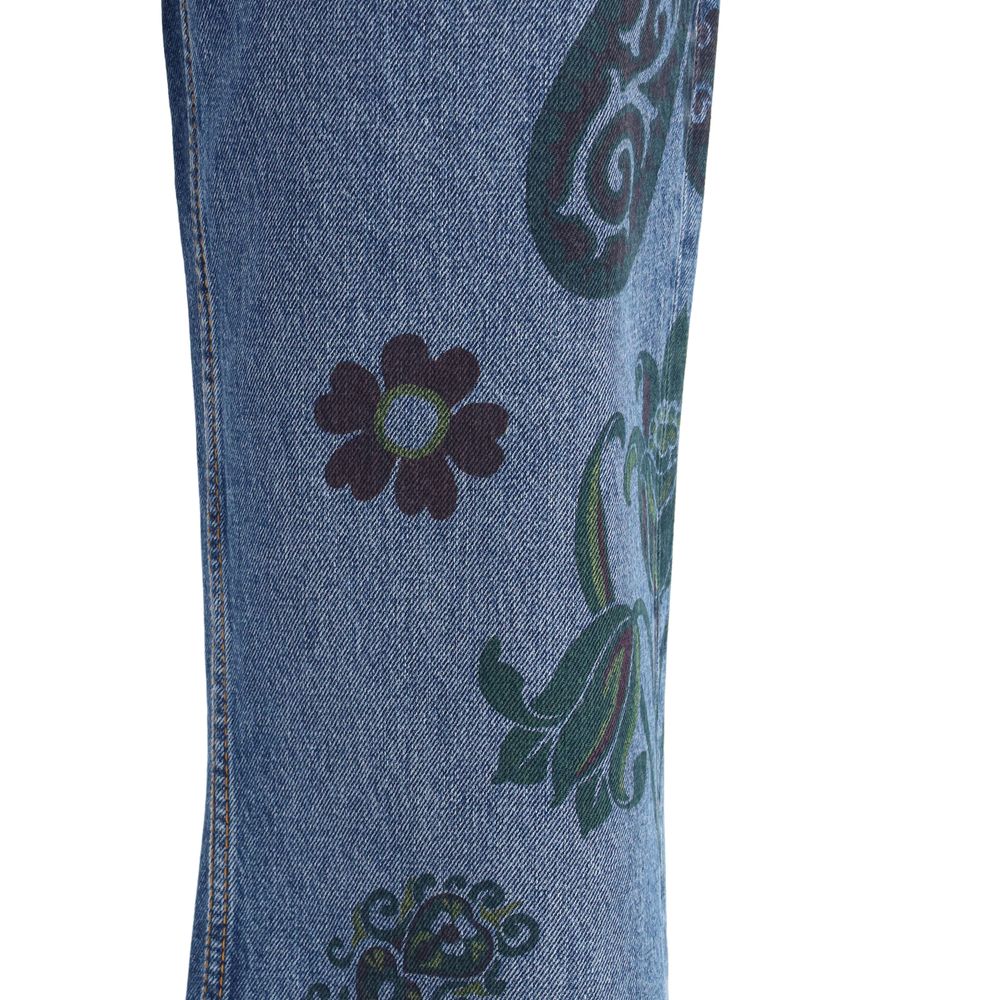 Etro Blue Cotton Flared Jeans with floral and bee print detail, showcasing natural motifs and Paisley design on denim fabric.
