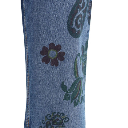 Etro Blue Cotton Flared Jeans with floral and bee print detail, showcasing natural motifs and Paisley design on denim fabric.