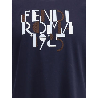 Fendi Blue Cotton T-Shirt with iconic logo print, ribbed crew neck, perfect for a casual look. AW25 Regular Fit, 100% Cotton.