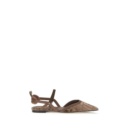 Fendi Brown Polyamide Ballet Flats with FF motif and elastic ribbons, side view.