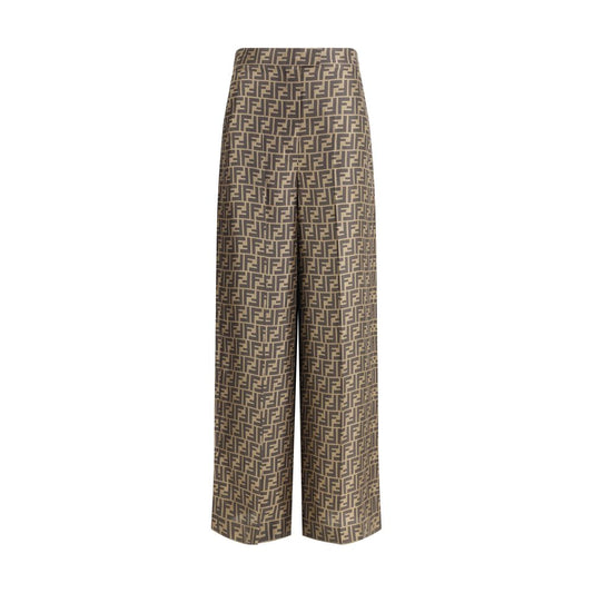Fendi Brown Silk Casual Pants with FF monogram pattern, high waist palazzo cut, button and zipper closure, elegant design.