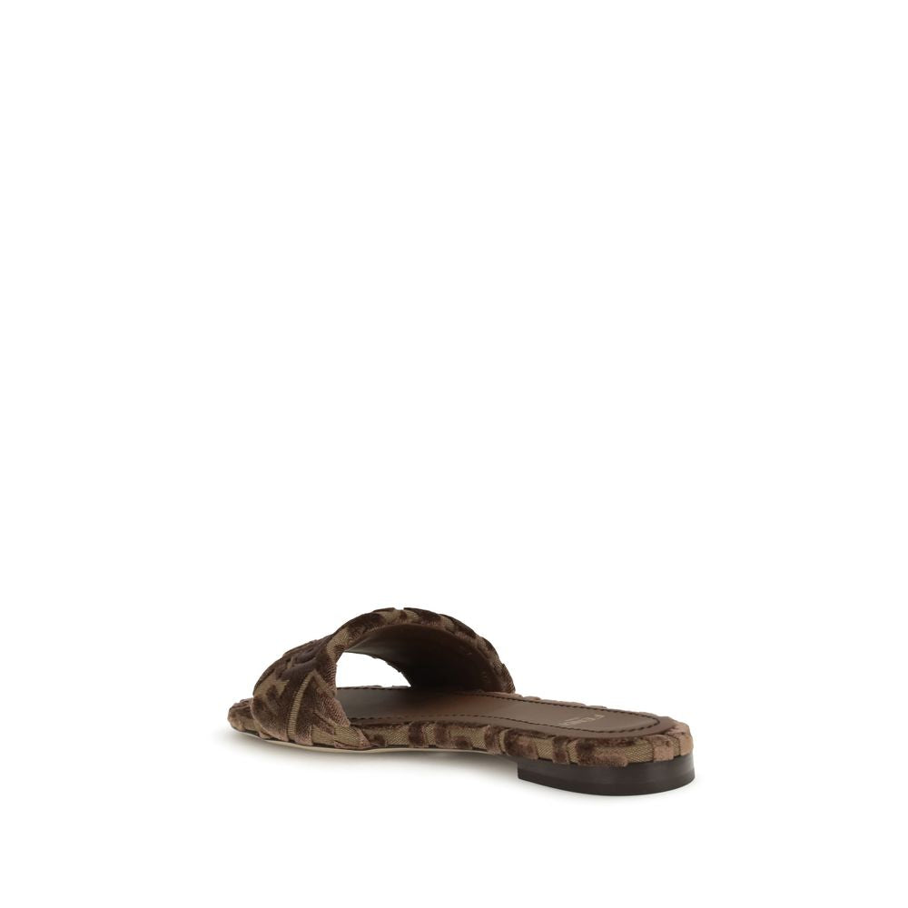 Fendi Brown Viscose Flat Sandals with embroidered logo and signature insole in a refined slip-on design, rear view.