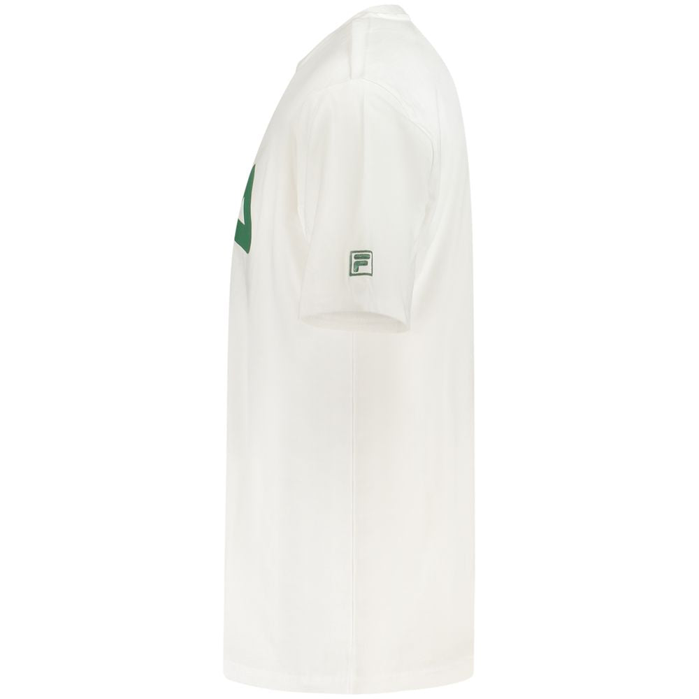 Fila White Cotton Men T-Shirt with green logo side view showcasing breathable fabric and casual loose fit.