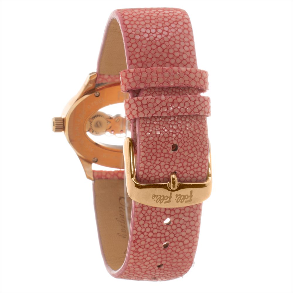 Folli Follie Multicolor Leather Dress Watch with pink leather strap and gold buckle, side view