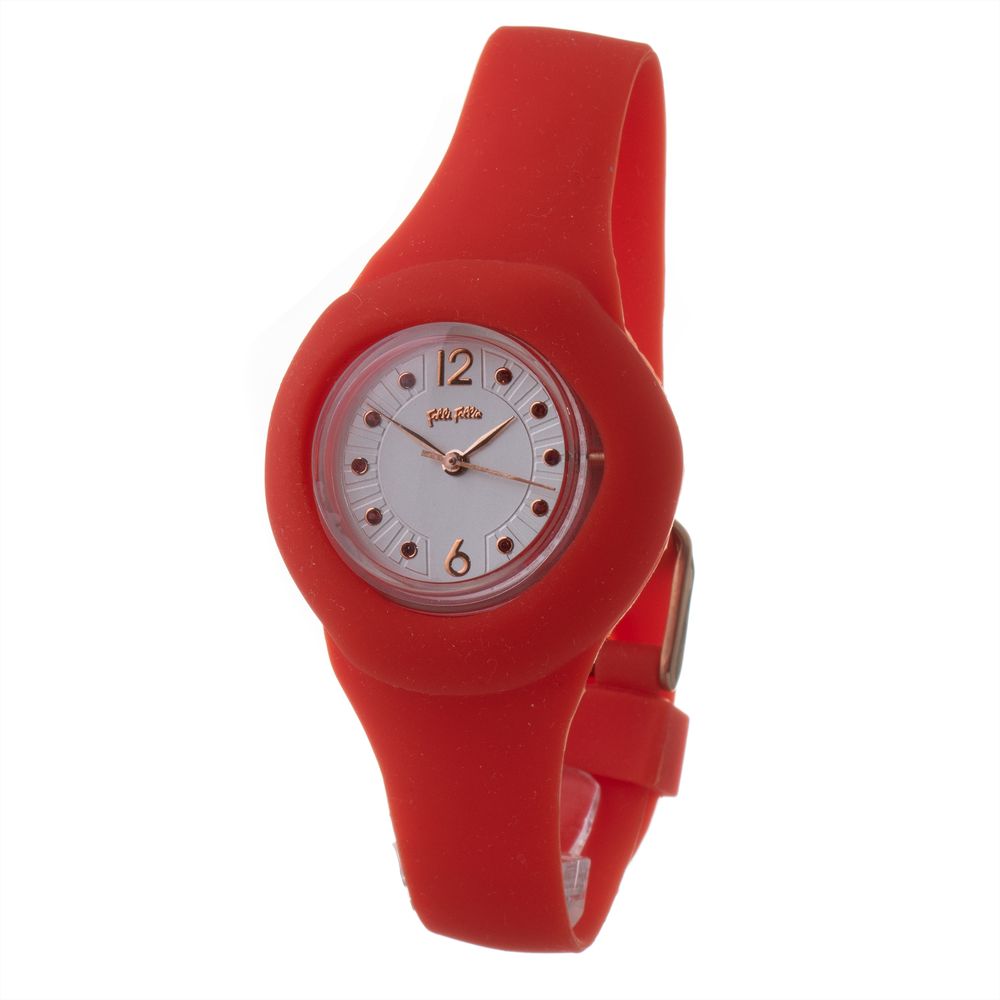Folli Follie Red Synthetic Dress Watch with quartz movement, transparent resin case, red silicone bracelet, and white dial.
