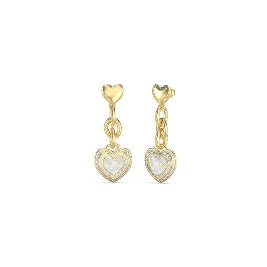 GUESS JEWELS JEWELRY Mod. JUBE04024JWYGWHT-U gold heart earrings with chain detail and logo accent design.
