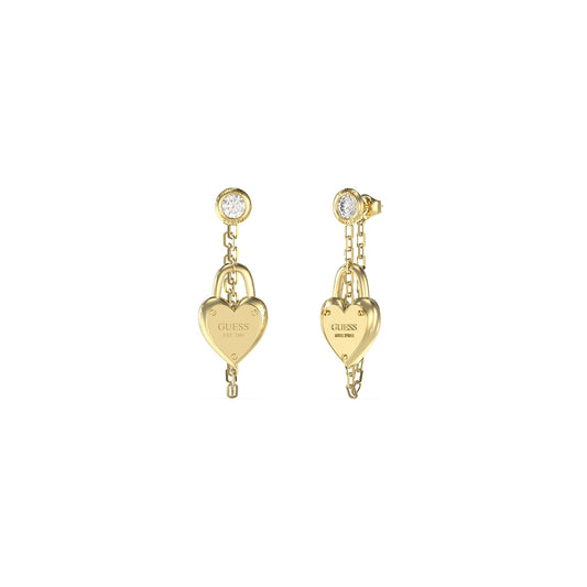 GUESS JEWELS JEWELRY Mod. JUBE04212JWYGT-U gold heart earrings with diamond accents, luxury fashion accessory.